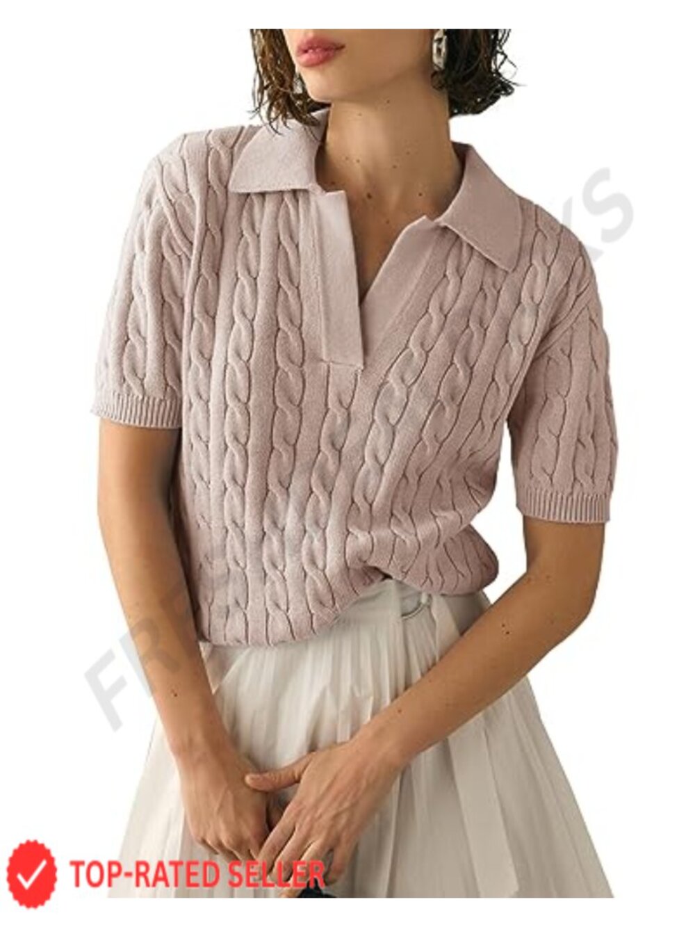 Womens Cable Knit Short Sleeve Sweater V Neck Lapel Pullover Top